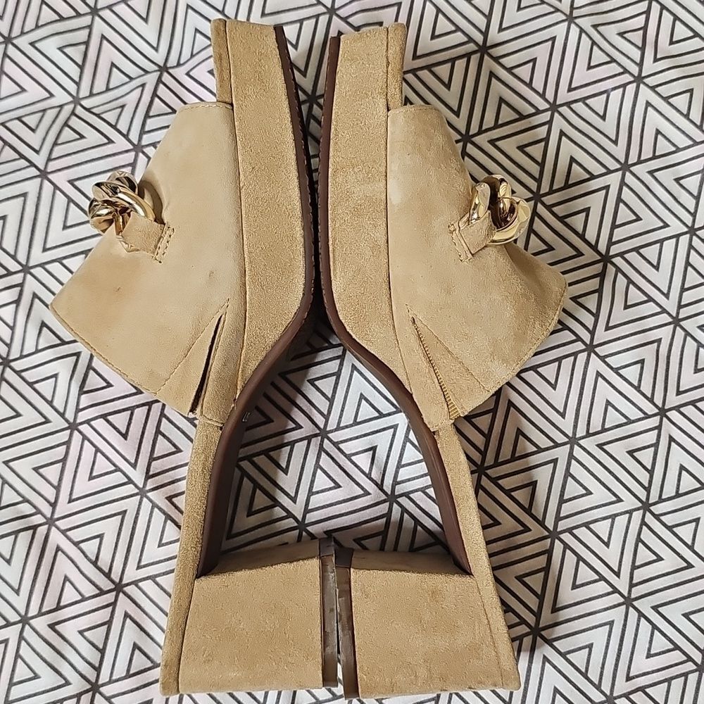 Lisa Vicky 6 Platform Slide Tan Suede Block Heel Mules Sandal Chunky Gold Chain - Picture 5 of 10